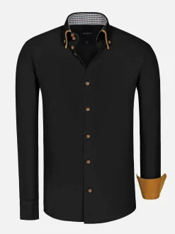 Ales Solid Structured Black Overhemd Lange Mouw