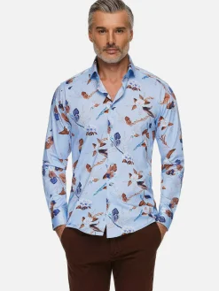 Burano Blue Floral Print Overhemd Lange Mouw