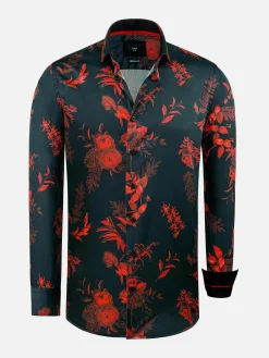 Florence Red Floral Black Overhemd Lange Mouw