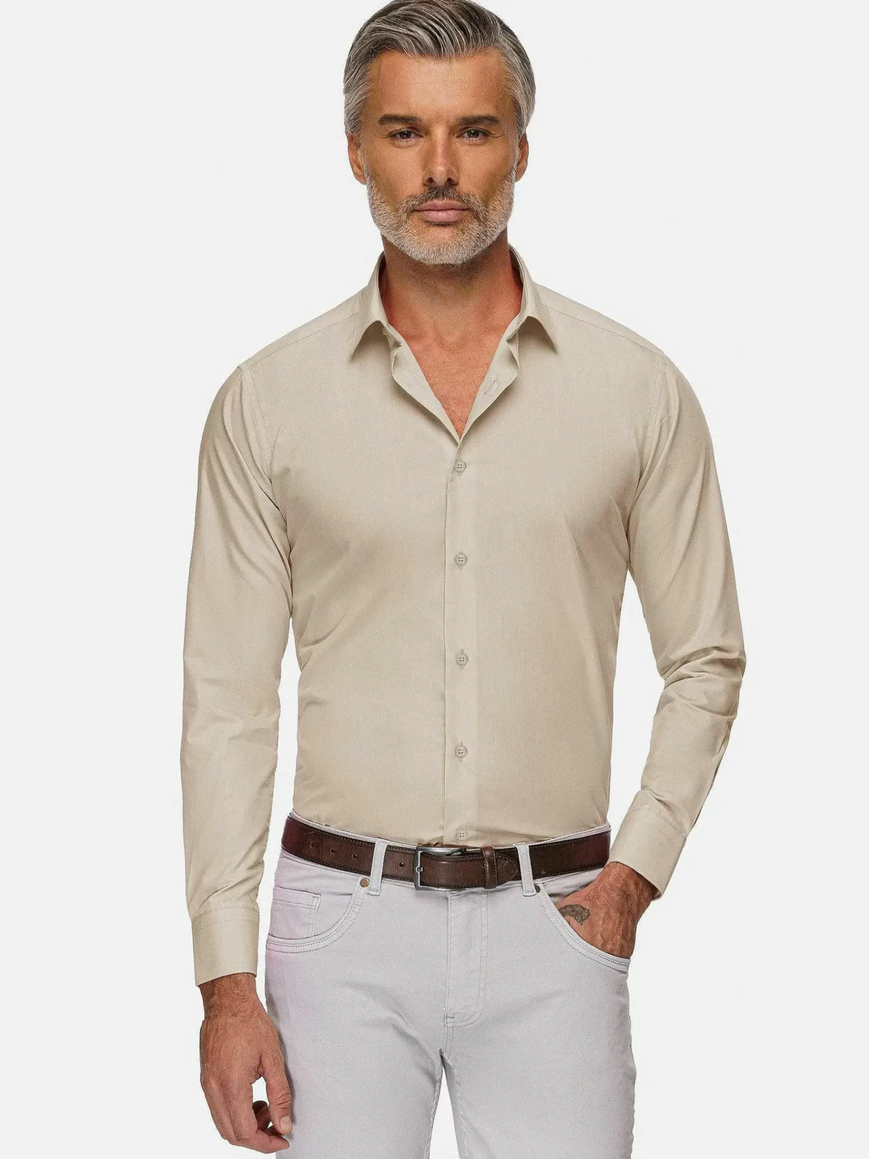 Leira Solid Light Beige Overhemd Lange Mouw