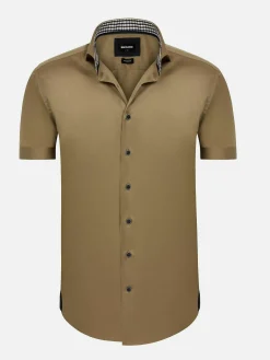 Owen Tailored Fit Beige Overhemd Korte Mouw