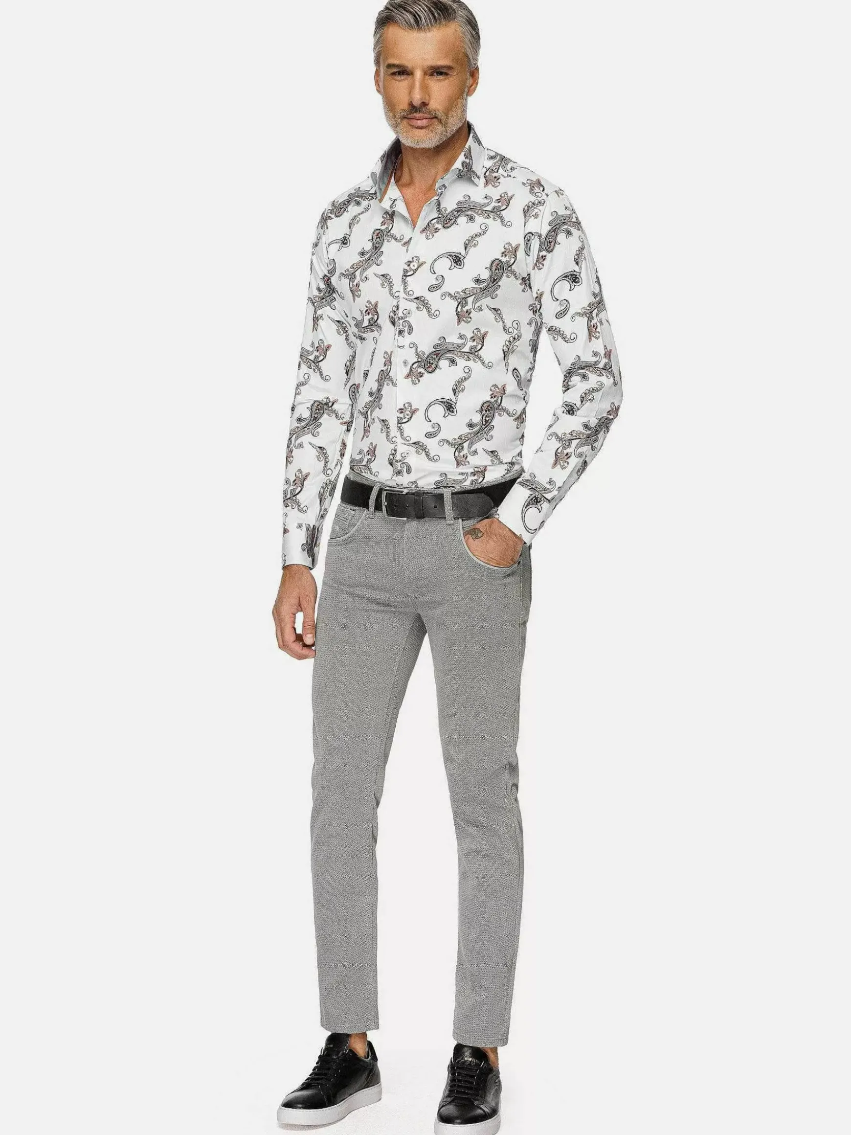 Paisley White Floral Print Overhemd Lange Mouw