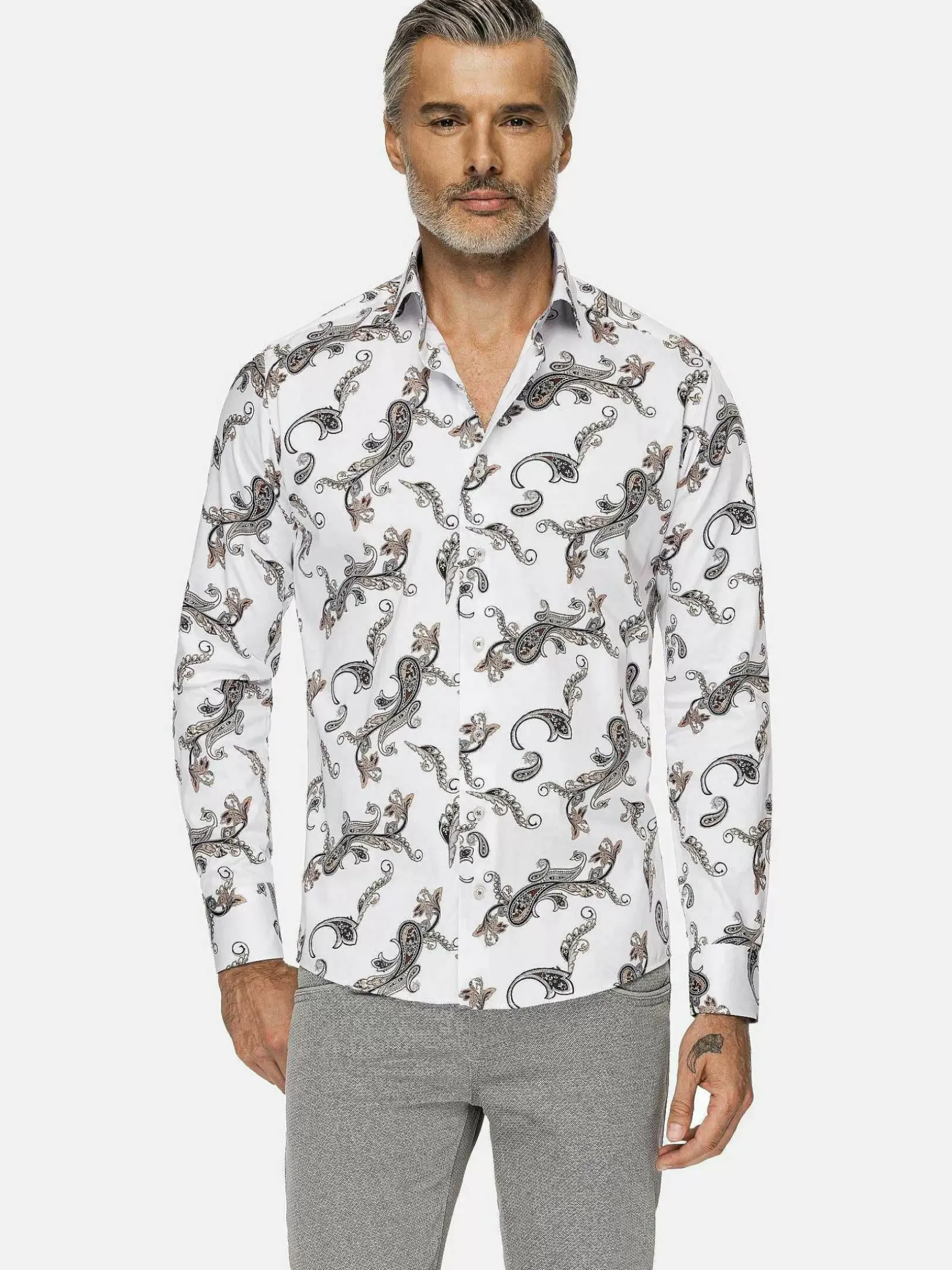 Paisley White Floral Print Overhemd Lange Mouw