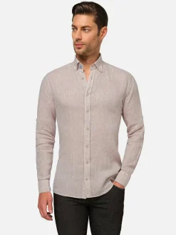 Redention Linen Beige Overhemd Lange Mouw