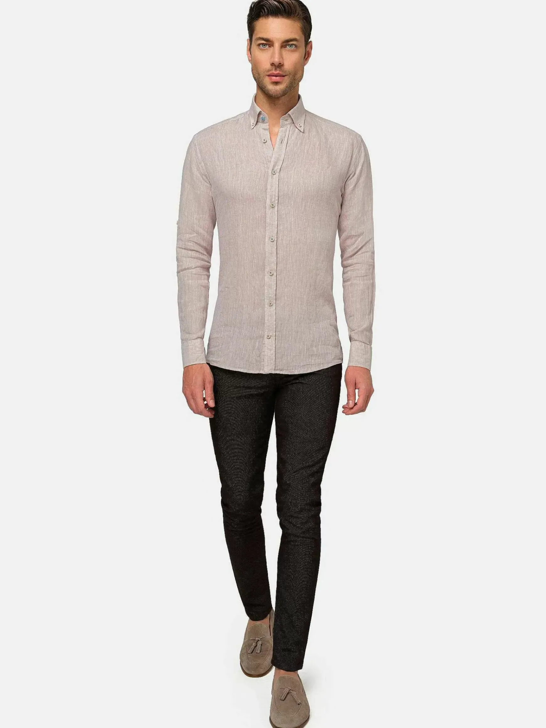 Redention Linen Beige Overhemd Lange Mouw